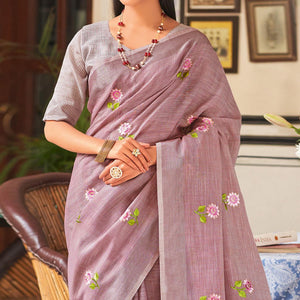 Mauve Festive Wear Embroidered Linen Saree