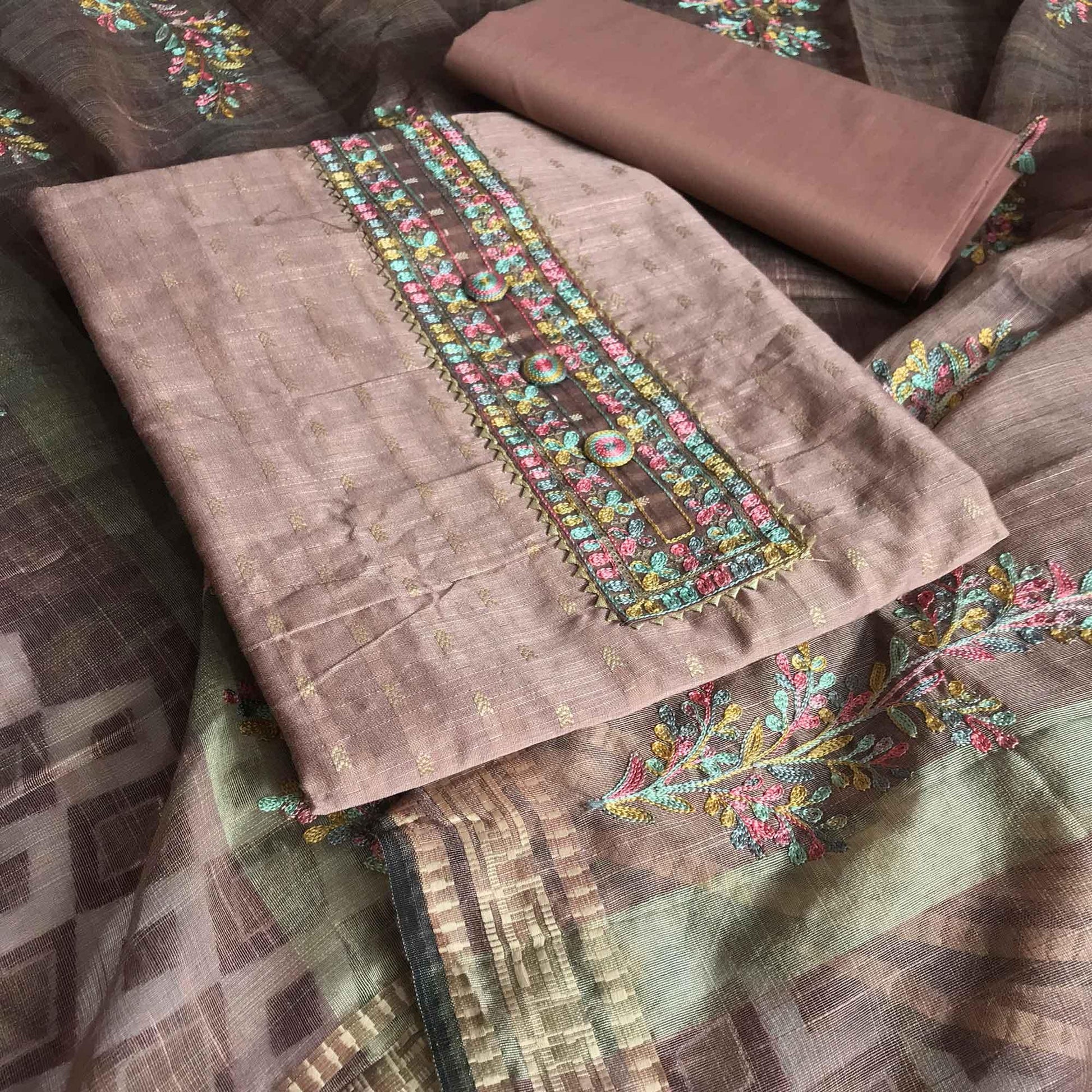 Mauve Festive Wear Embroidered Silk Cotton Dress Material