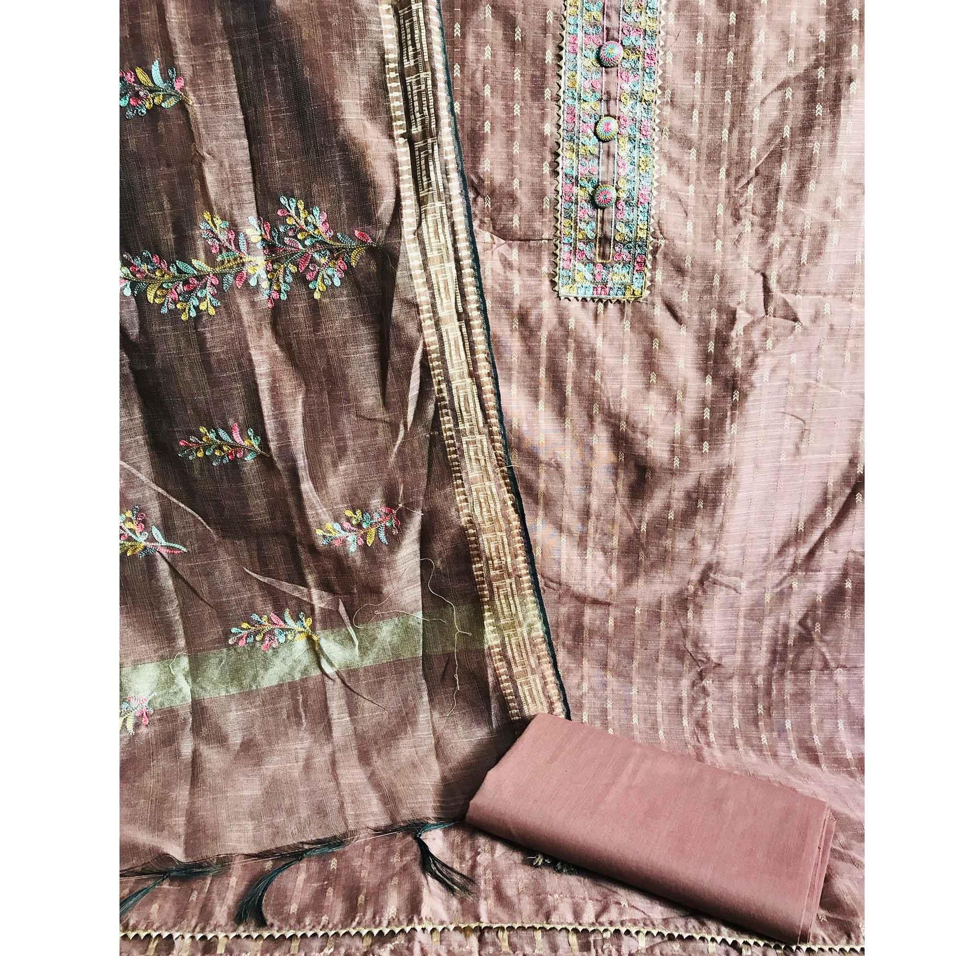 Mauve Festive Wear Embroidered Silk Cotton Dress Material