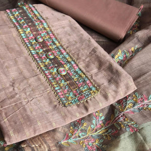 Mauve Festive Wear Embroidered Silk Cotton Dress Material