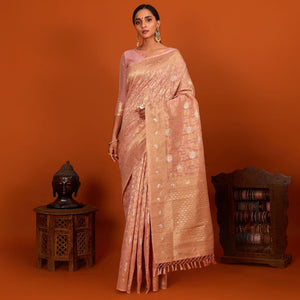 Mauve Festive Wear Woven Cotton Saree With Tassels