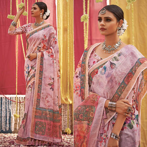 Mauve Floral Digital Printed Linen Saree With Tassels