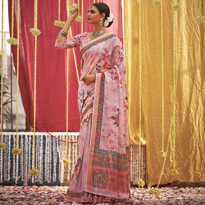 Mauve Floral Digital Printed Linen Saree With Tassels