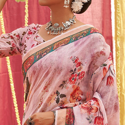 Mauve Floral Digital Printed Linen Saree With Tassels