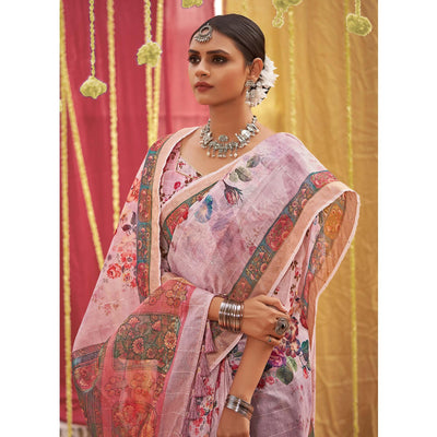 Mauve Floral Digital Printed Linen Saree With Tassels