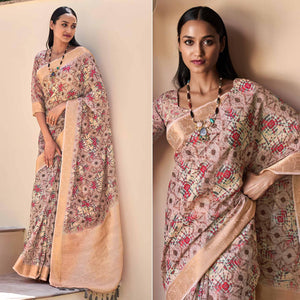 Mauve Floral Digital Printed With Sequins Linen Saree
