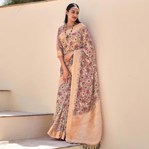 Mauve Floral Digital Printed With Sequins Linen Saree