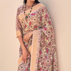 Mauve Floral Digital Printed With Sequins Linen Saree