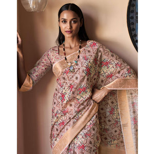 Mauve Floral Digital Printed With Sequins Linen Saree