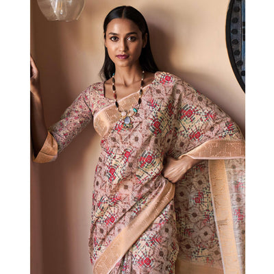 Mauve Floral Digital Printed With Sequins Linen Saree
