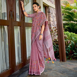 Mauve Floral Embroidered Linen Saree With Tassels
