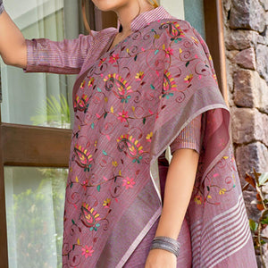 Mauve Floral Embroidered Linen Saree With Tassels