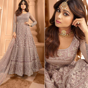Mauve Floral Embroidered Net Anarkali Suit