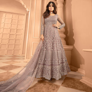 Mauve Floral Embroidered Net Anarkali Suit