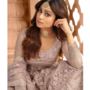Mauve Floral Embroidered Net Anarkali Suit