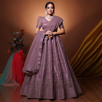 Mauve Floral Embroidered Net Lehenga Choli