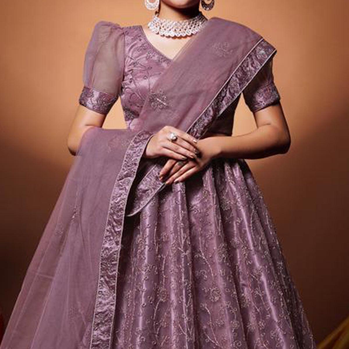 Mauve Floral Embroidered Net Lehenga Choli