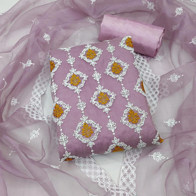 Mauve Floral Embroidered Organza Dress Material