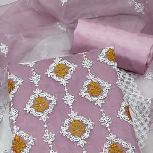 Mauve Floral Embroidered Organza Dress Material