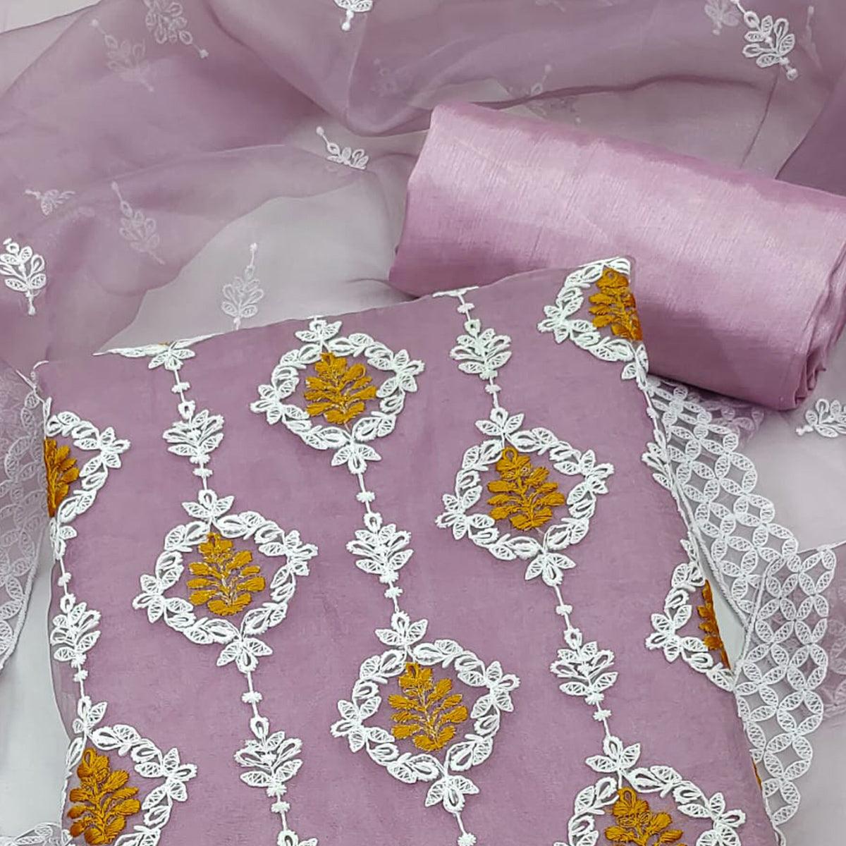 Mauve Floral Embroidered Organza Dress Material