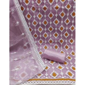 Mauve Floral Embroidered Organza Dress Material