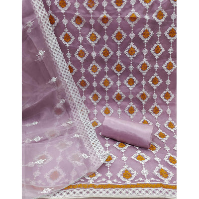Mauve Floral Embroidered Organza Dress Material