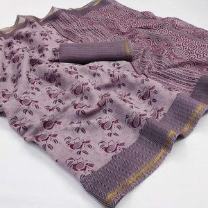 Mauve Floral Printed Cotton Blend Saree