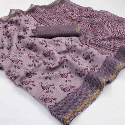 Mauve Floral Printed Cotton Blend Saree