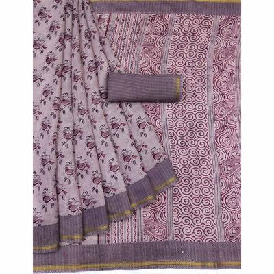 Mauve Floral Printed Cotton Blend Saree