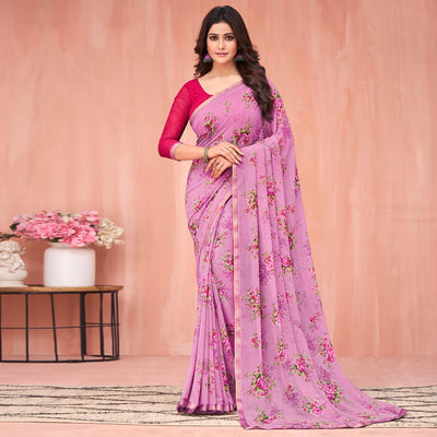 Mauve Floral Printed Georgette Saree