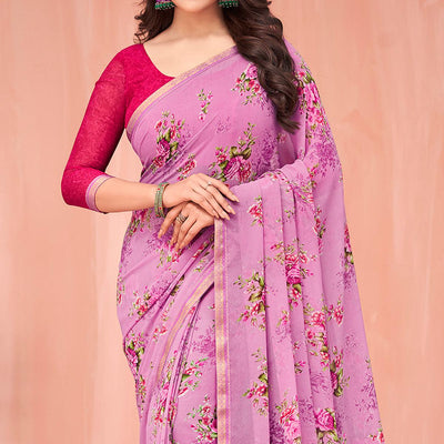 Mauve Floral Printed Georgette Saree