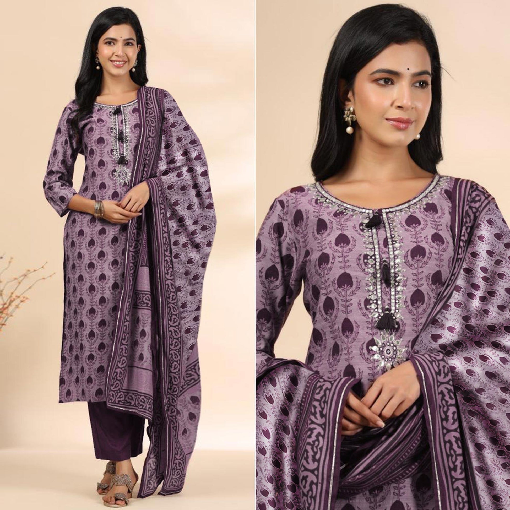 Mauve Floral Printed Muslin Kurti Pant Set With Dupatta