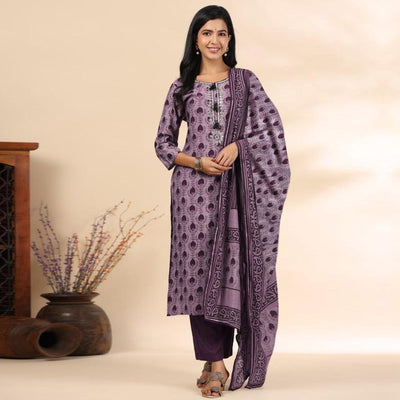 Mauve Floral Printed Muslin Kurti Pant Set With Dupatta