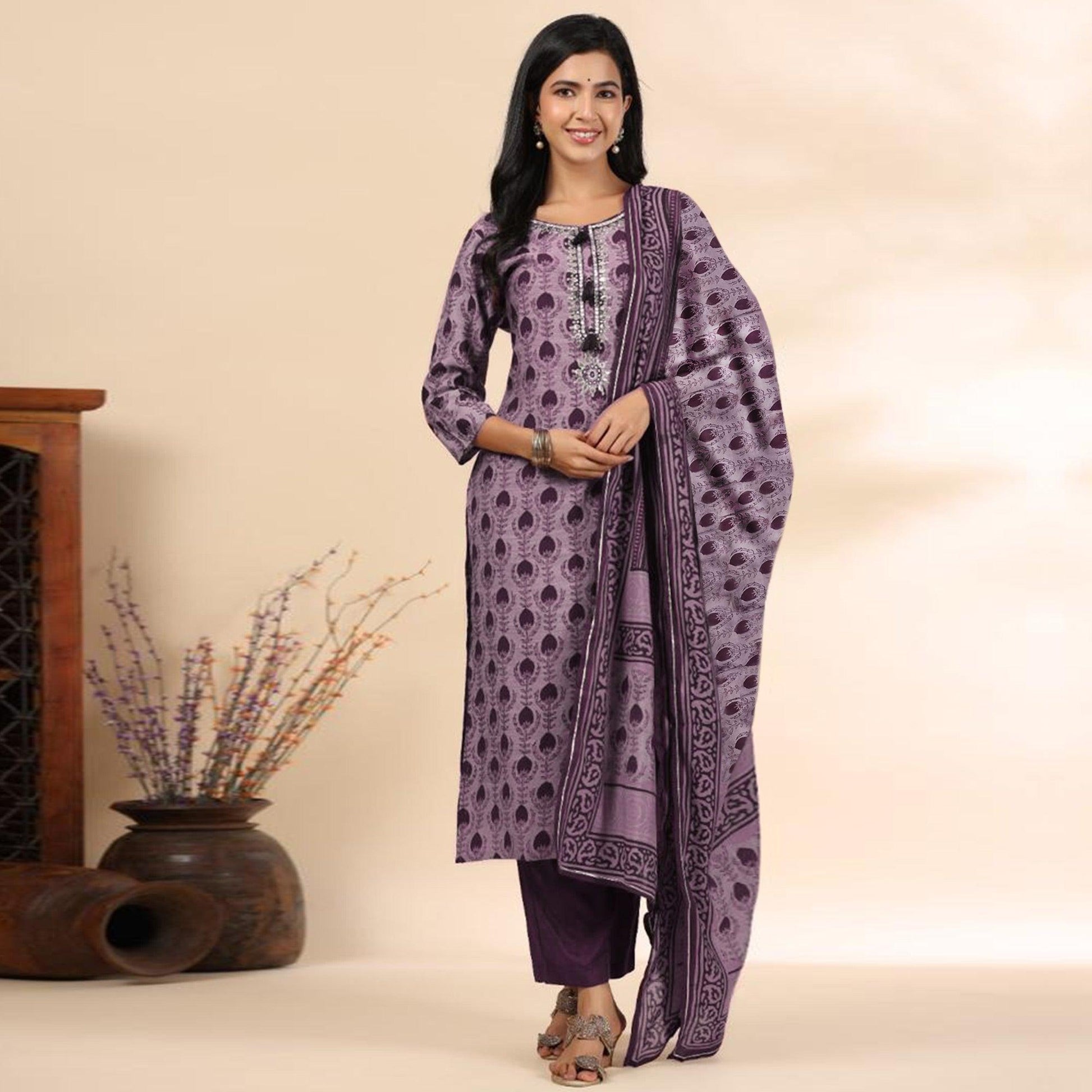 Mauve Floral Printed Muslin Kurti Pant Set With Dupatta