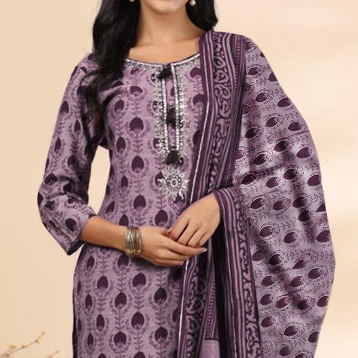 Mauve Floral Printed Muslin Kurti Pant Set With Dupatta