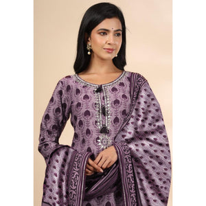 Mauve Floral Printed Muslin Kurti Pant Set With Dupatta