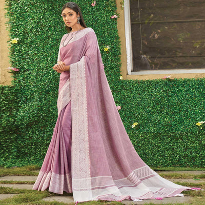 Mauve Floral Woven Linen Saree