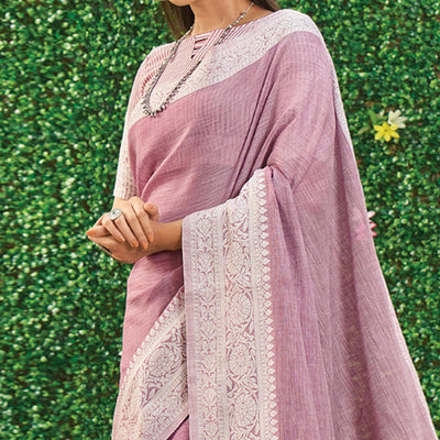 Mauve Floral Woven Linen Saree