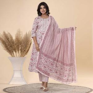 Mauve Jaipuri Printed Cotton Anarkali Kurti Pant Set With Dupatta