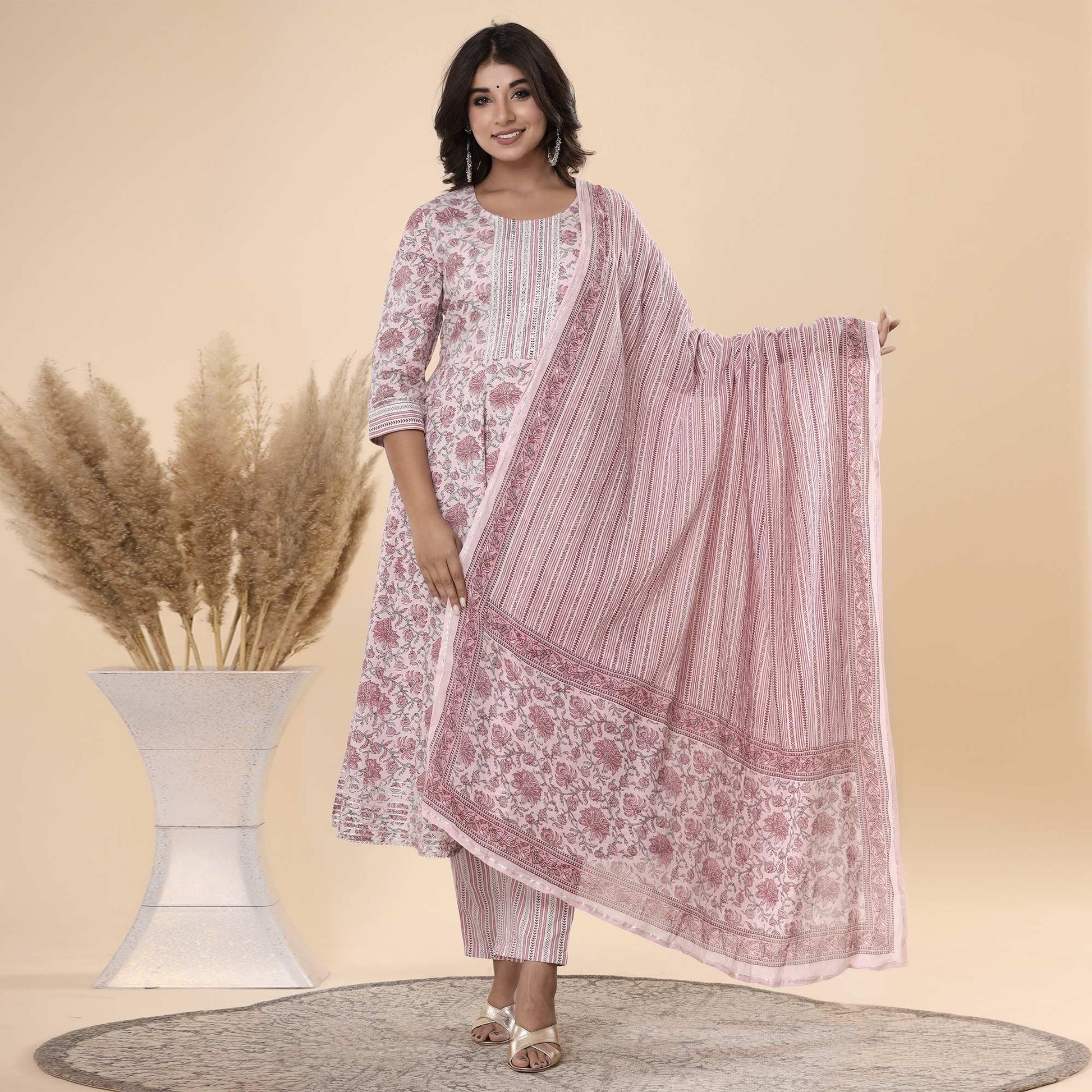 Mauve Jaipuri Printed Cotton Anarkali Kurti Pant Set With Dupatta