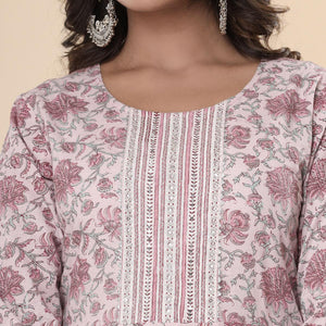 Mauve Jaipuri Printed Cotton Anarkali Kurti Pant Set With Dupatta