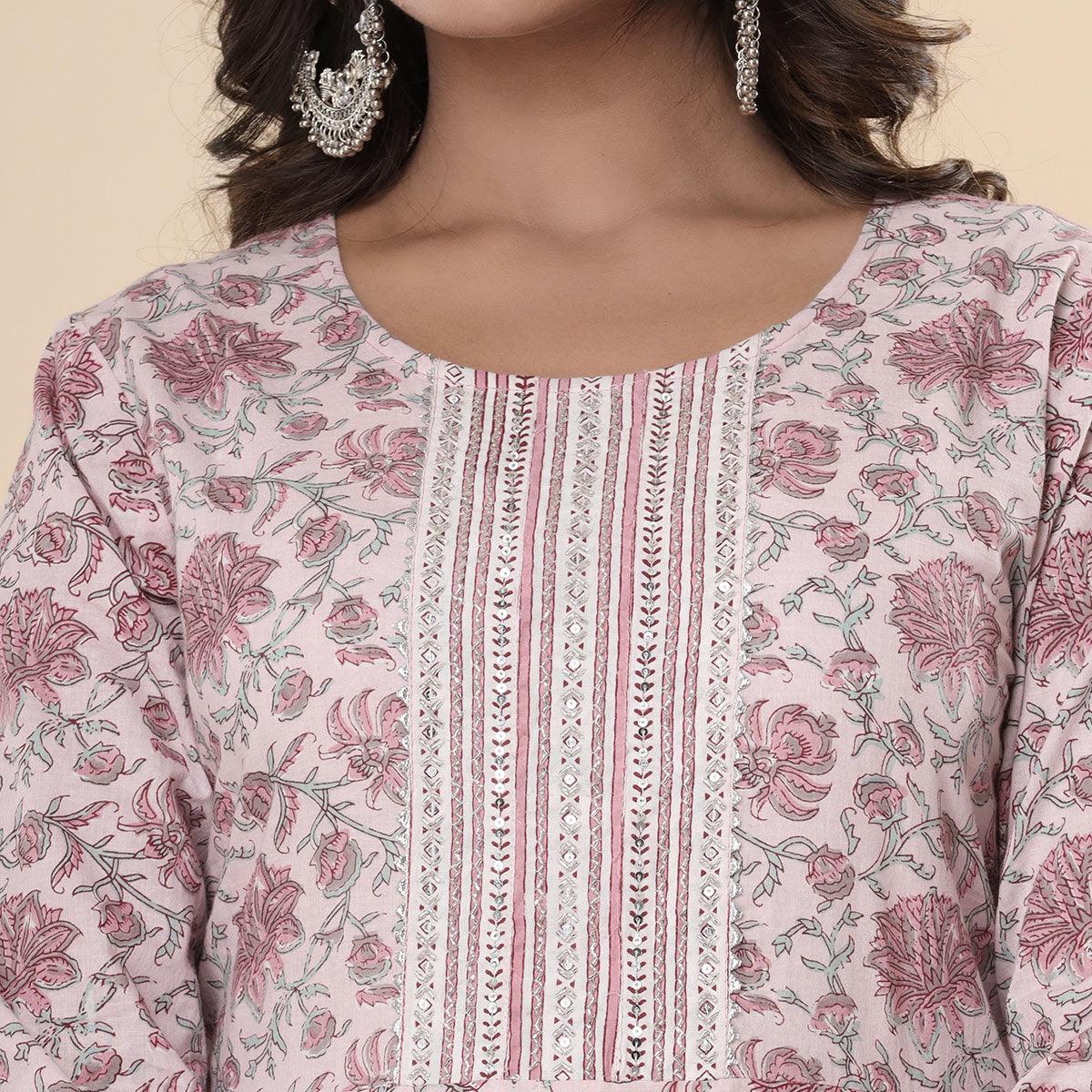 Mauve Jaipuri Printed Cotton Anarkali Kurti Pant Set With Dupatta