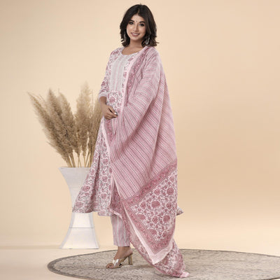 Mauve Jaipuri Printed Cotton Anarkali Kurti Pant Set With Dupatta