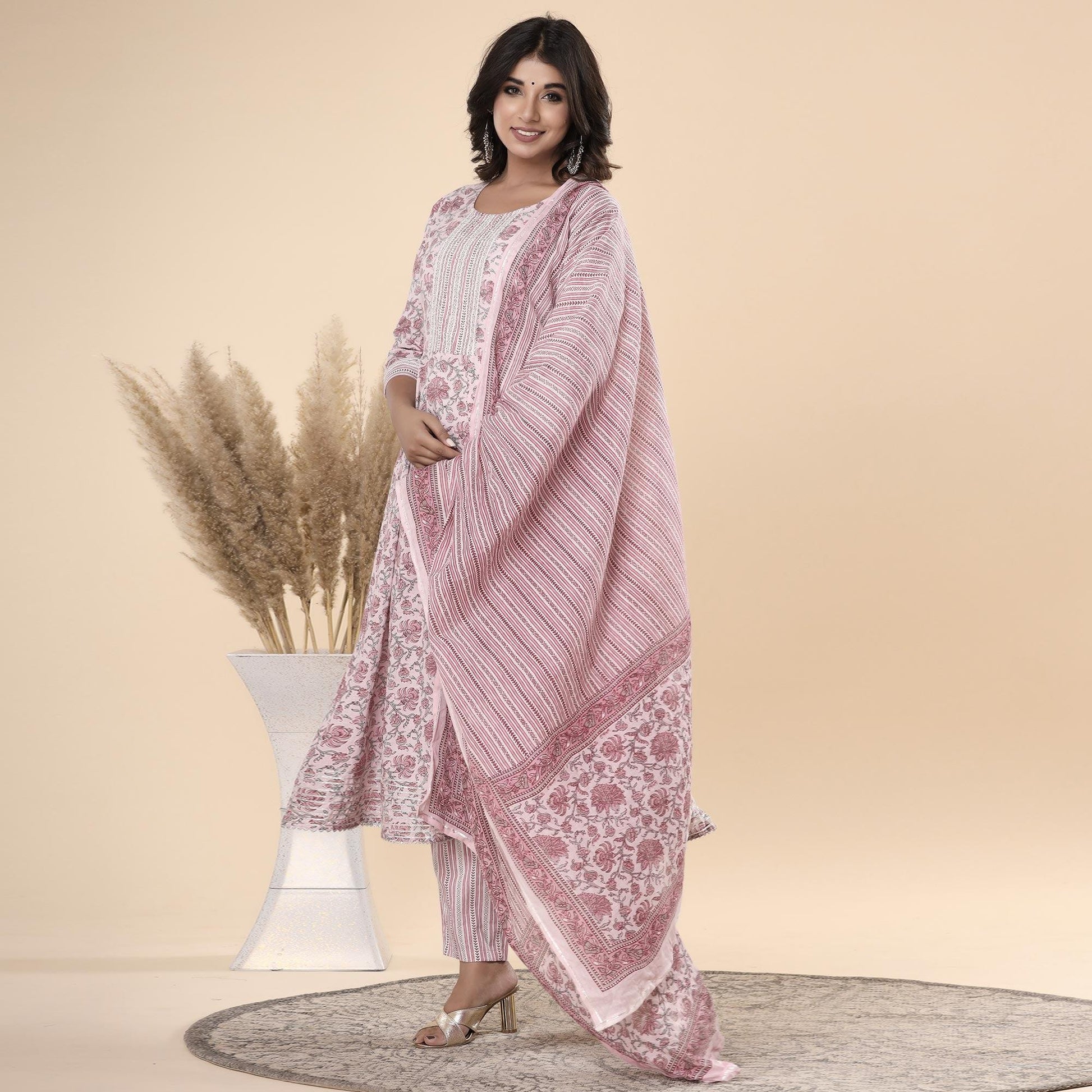 Mauve Jaipuri Printed Cotton Anarkali Kurti Pant Set With Dupatta