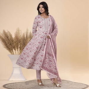Mauve Jaipuri Printed Cotton Anarkali Kurti Pant Set With Dupatta