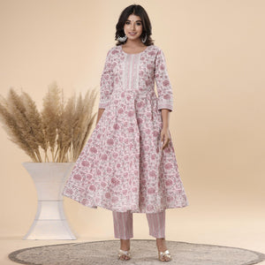 Mauve Jaipuri Printed Cotton Anarkali Kurti Pant Set With Dupatta