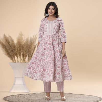 Mauve Jaipuri Printed Cotton Anarkali Kurti Pant Set With Dupatta