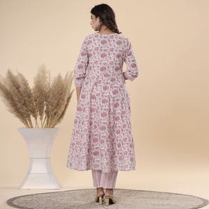 Mauve Jaipuri Printed Cotton Anarkali Kurti Pant Set With Dupatta