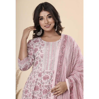 Mauve Jaipuri Printed Cotton Anarkali Kurti Pant Set With Dupatta