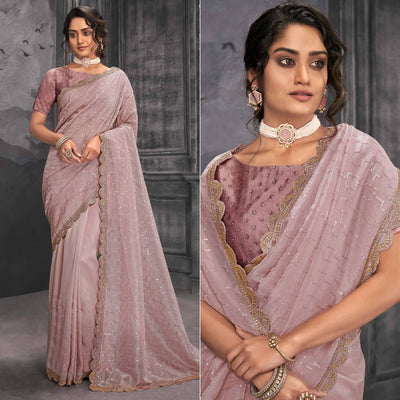 Mauve Party Wear Embellished Organza Saree